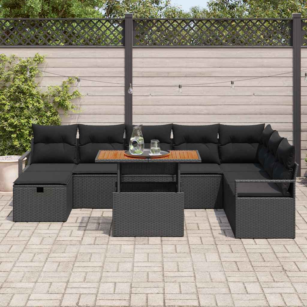 Gartensofa-set mit Kissen 9 pcs Schwarz Poly-Rattan