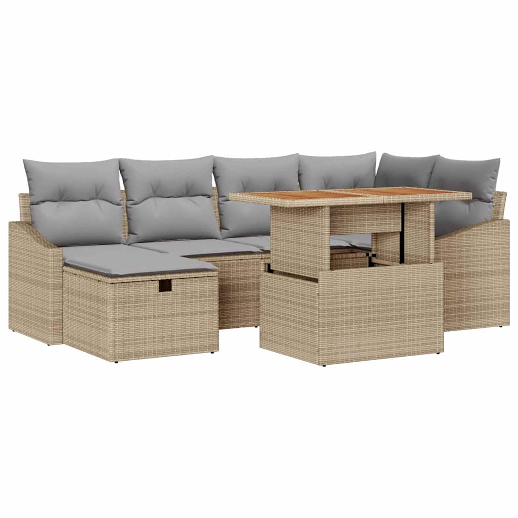 Gartensofa-set mit Kissen mit Speicher 7 pcs Beige Poly-Rattan
