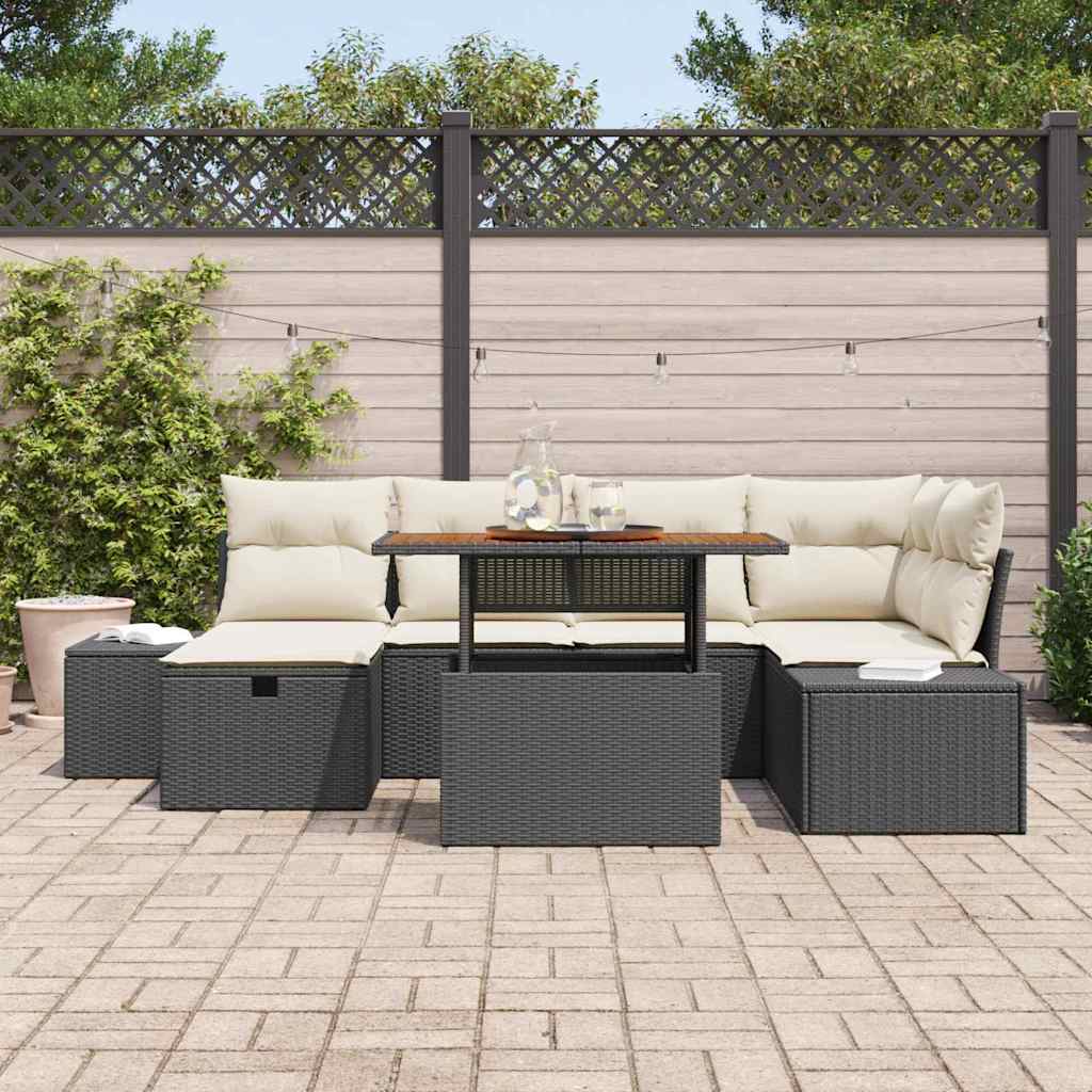 Gartensofa-set mit Kissen 7 pcs Schwarz Poly-Rattan