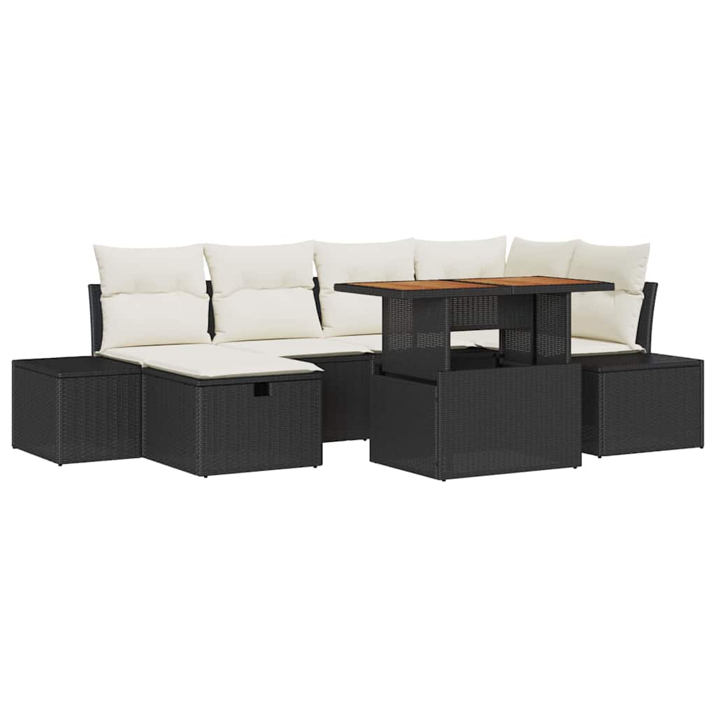 Gartensofa-set mit Kissen 7 pcs Schwarz Poly-Rattan