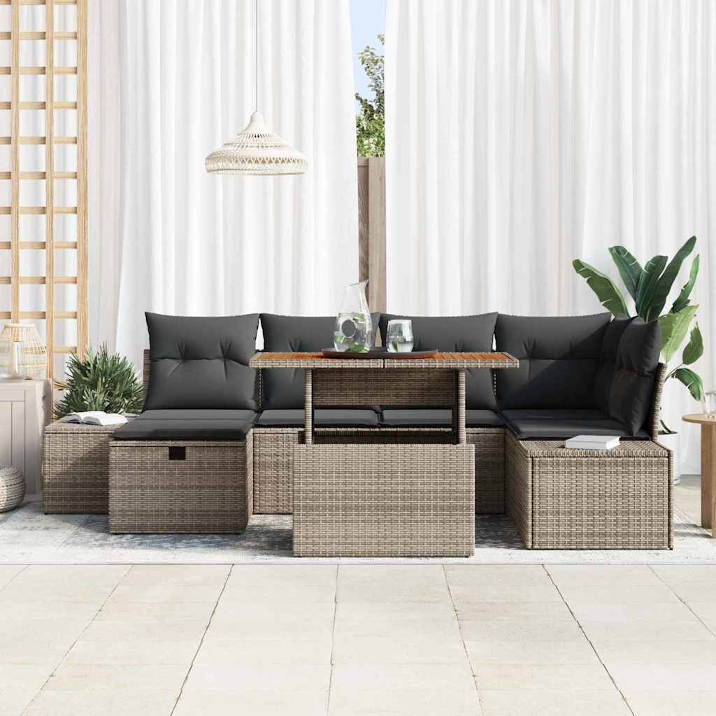 Gartensofa-set mit Kissen mit Speicher 7 pcs Grau Poly-Rattan