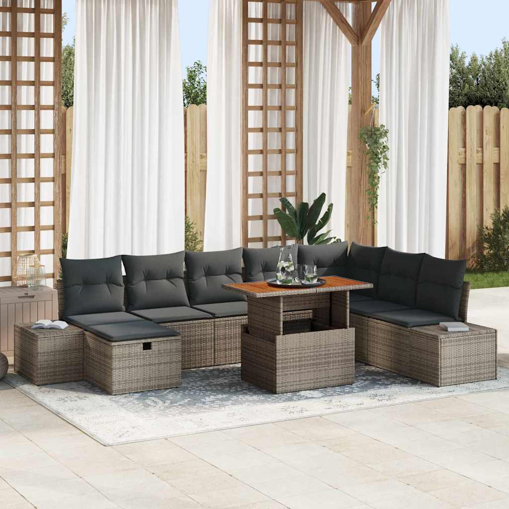 Gartensofa-set mit Kissen mit Speicher 9 pcs Grau Poly-Rattan