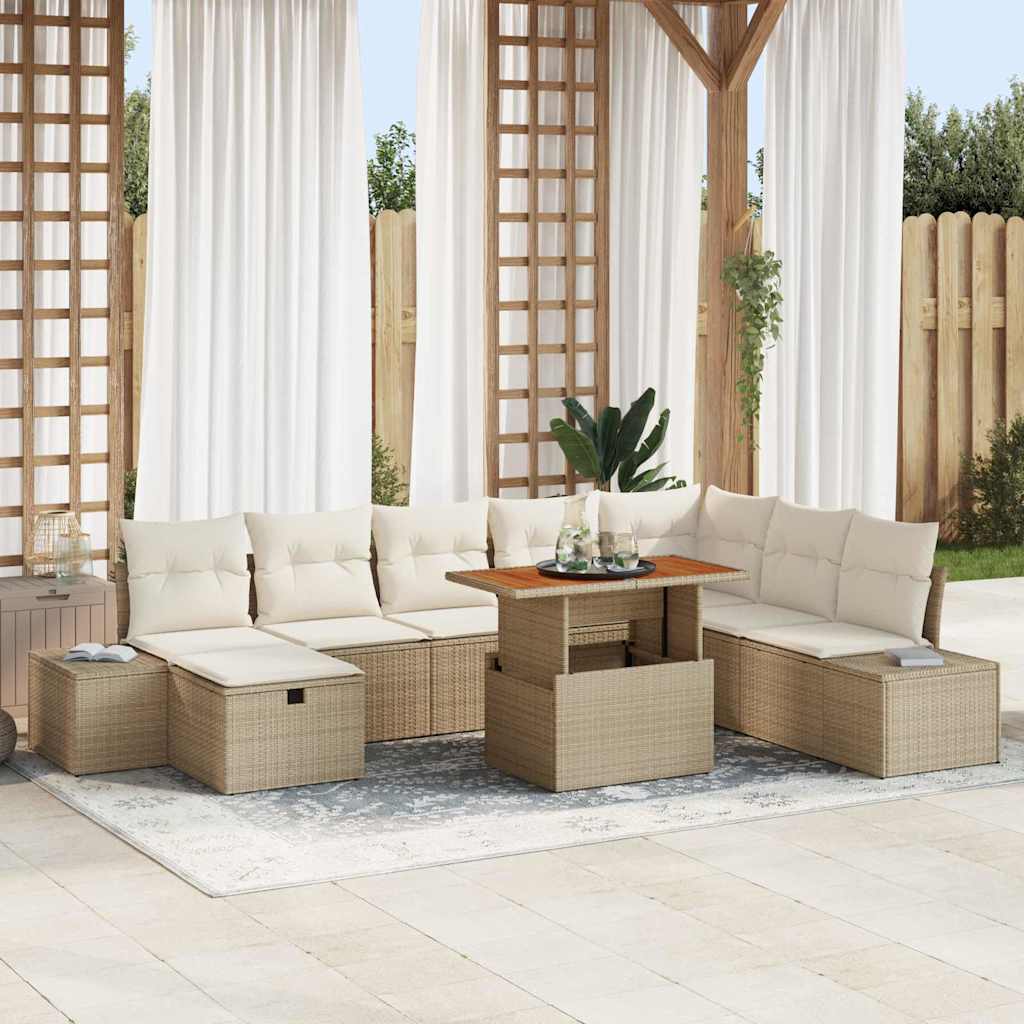Gartensofa-set mit Kissen mit Speicher 9 pcs Beige Poly-Rattan