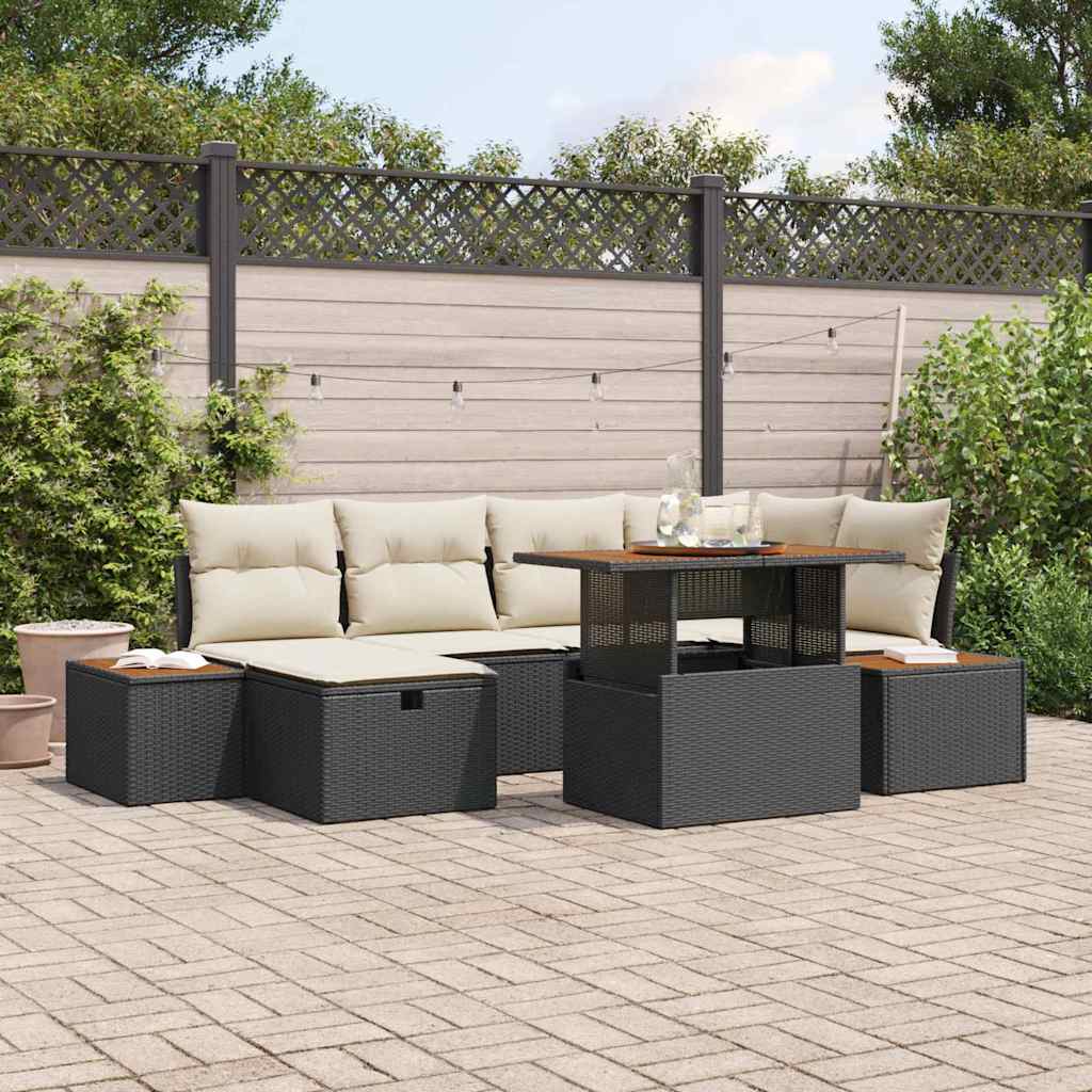 Gartensofa-set mit Kissen 7 pcs Schwarz Poly-Rattan
