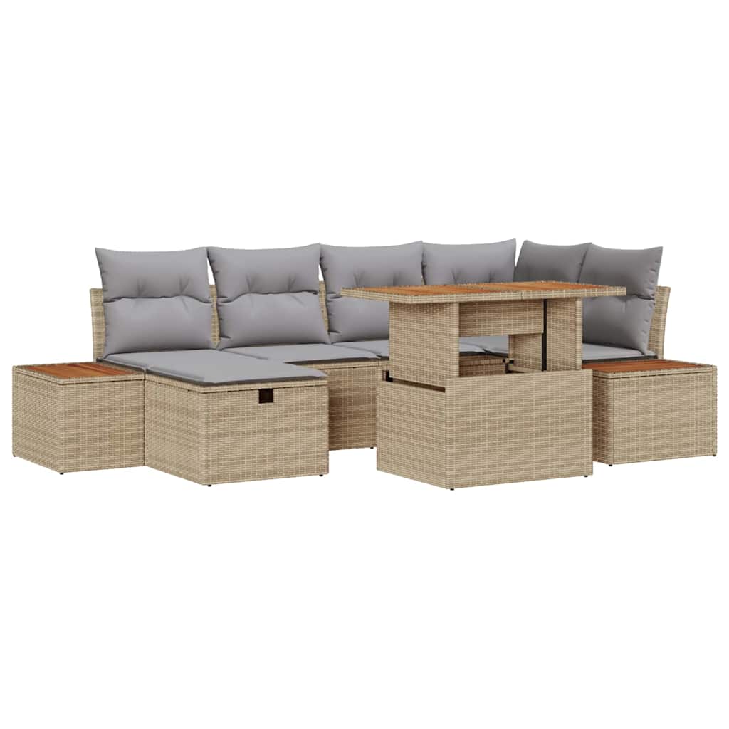 Gartensofa-set mit Kissen mit Speicher 7 pcs Beige Poly-Rattan