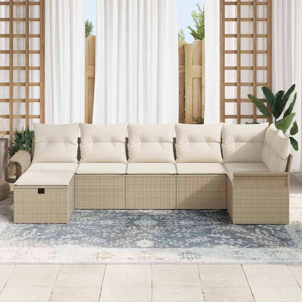 Garten-Sofa-Set mit Kissen mit Speicher 7 pcs Beige Poly Rattan