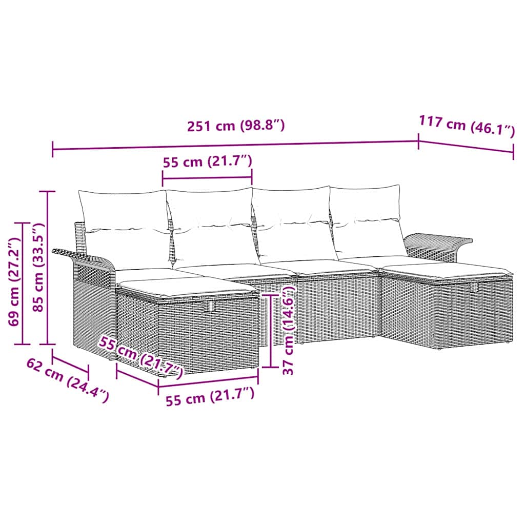 vidaXL Garten-Sofa-Set mit Kissen 6 pcs Hellgrau Poly Rattan
