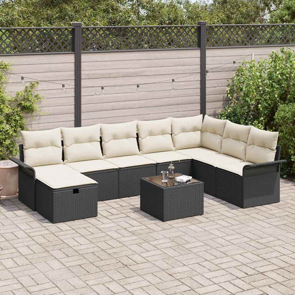 vidaXL Salon de jardin 9 pcs avec coussins Noir Résine tressée