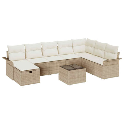 Garten-Sofa-Set mit Kissen mit Speicher 9 pcs Beige Poly Rattan