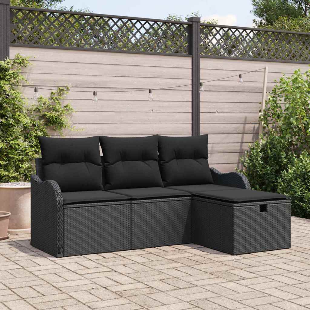 Garten-Sofa-Set mit Kissen 4 pcs Schwarz Poly Rattan