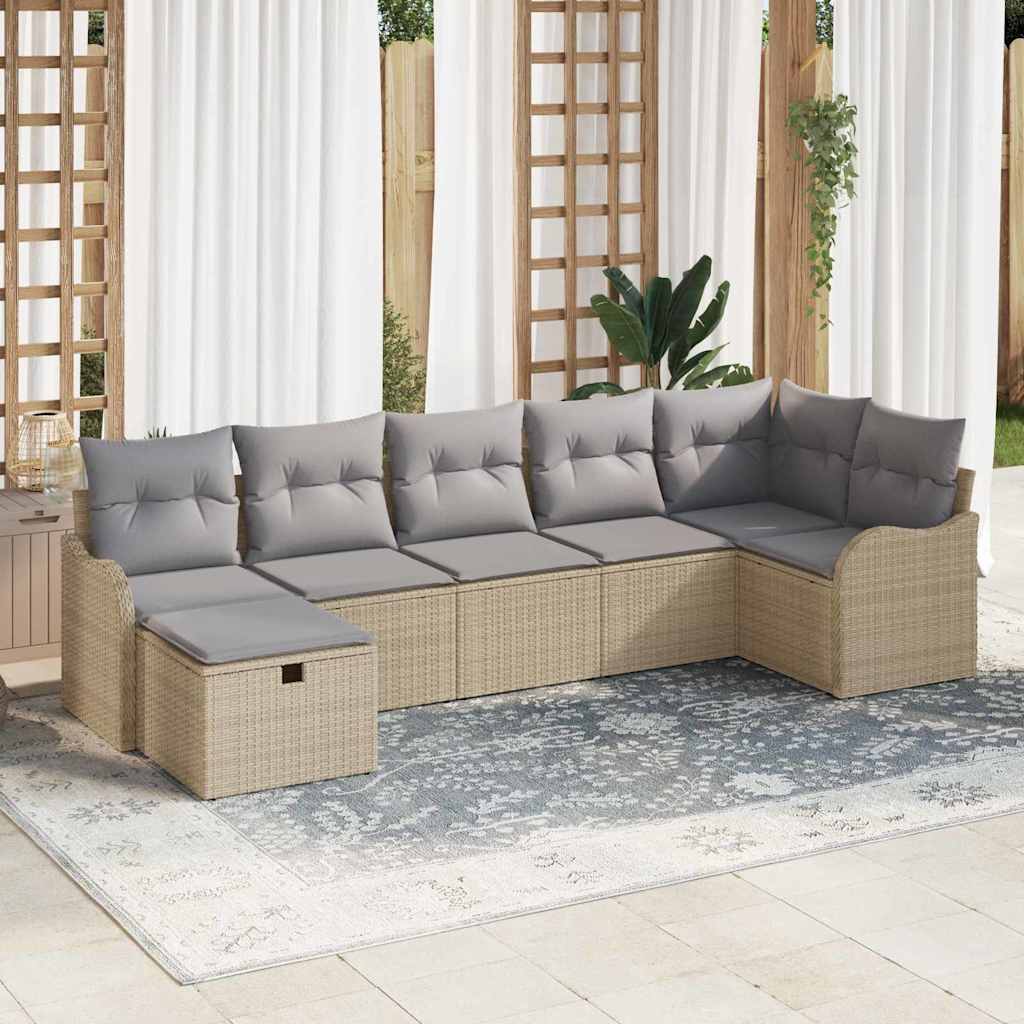 Garten-Sofa-Set mit Kissen mit Speicher 7 pcs Beige Poly Rattan