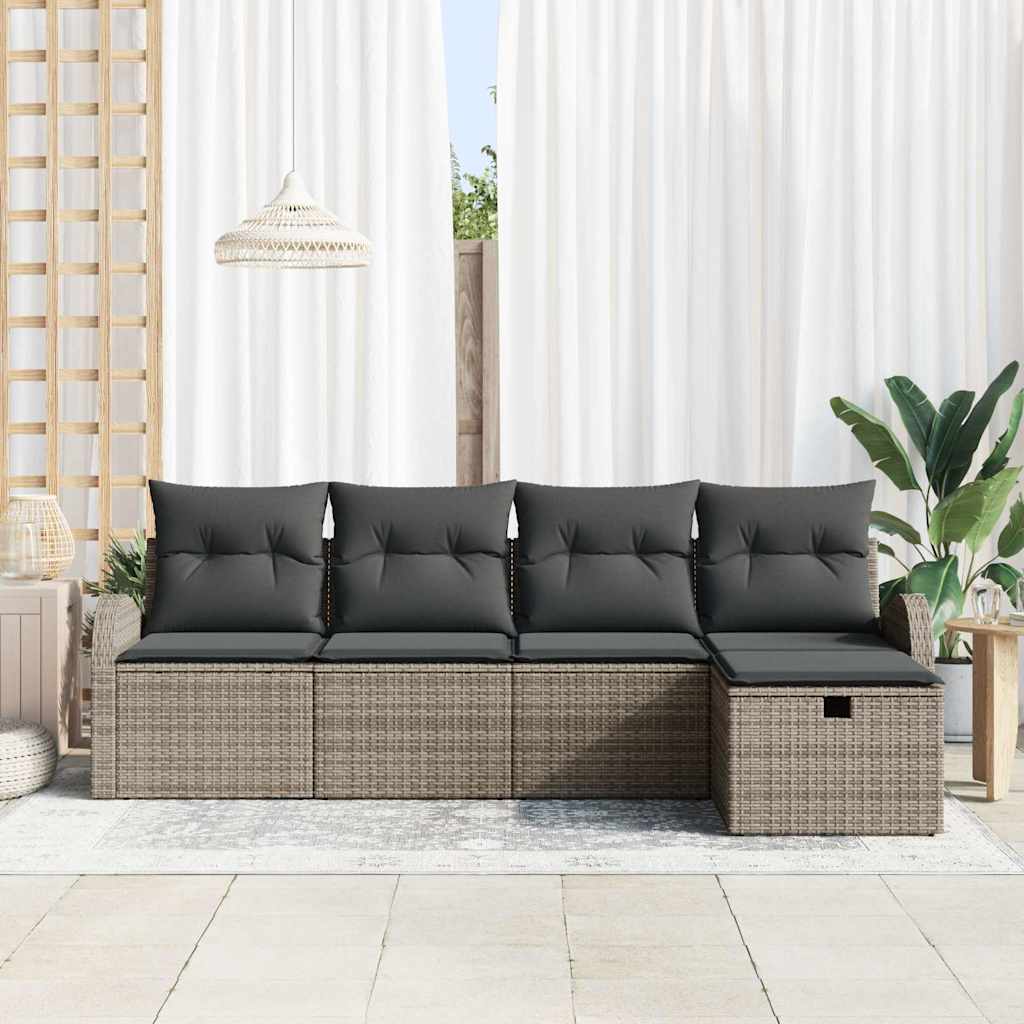 Garten-Sofa-Set mit Kissen mit Speicher 5 pcs Grau Poly Rattan