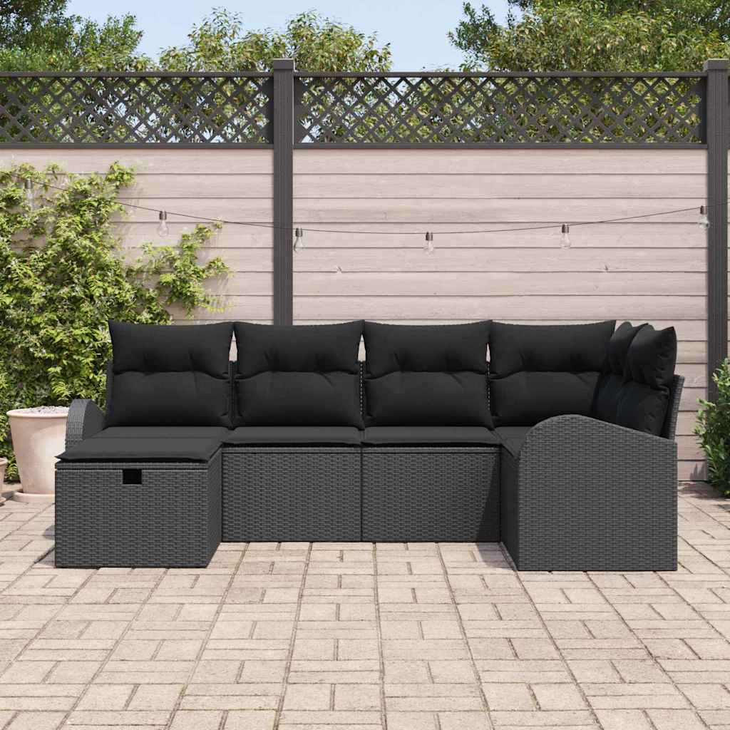 Garten-Sofa-Set mit Kissen 6 pcs Schwarz Poly Rattan