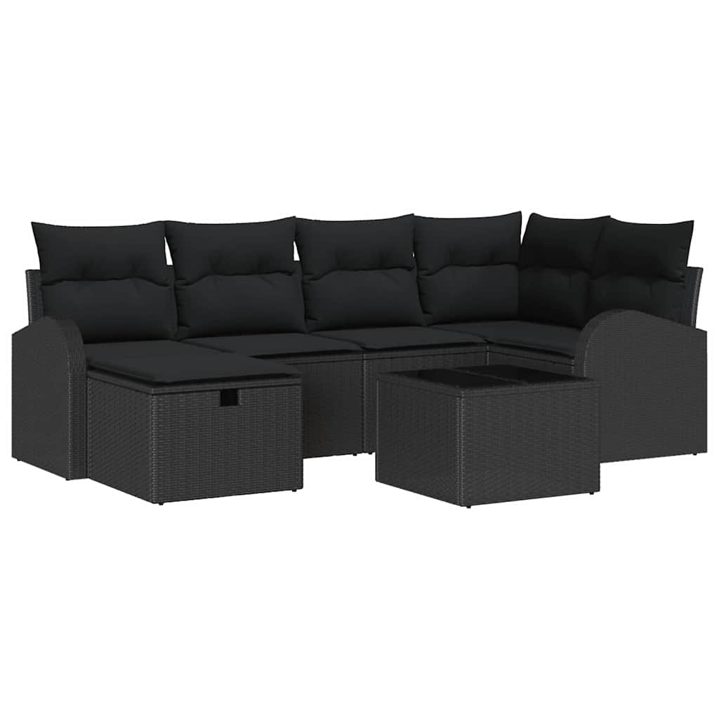 Garten-Sofa-Set mit Kissen 7 pcs Schwarz Poly Rattan
