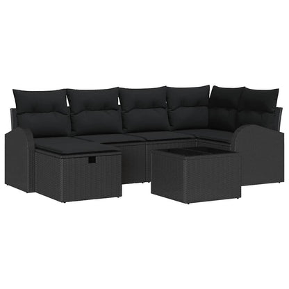 Garten-Sofa-Set mit Kissen 7 pcs Schwarz Poly Rattan