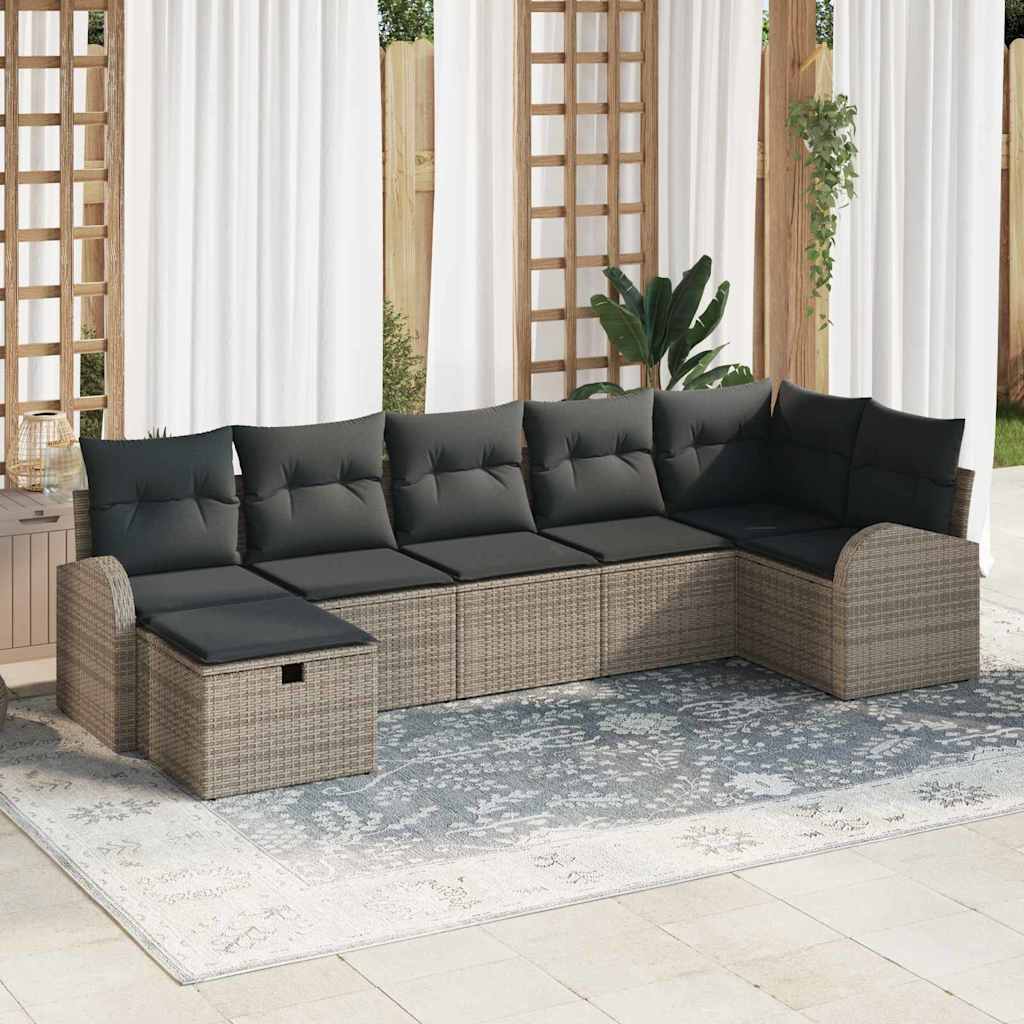 Gartensofa-set mit Kissen mit Speicher 7 pcs Grau Poly-Rattan