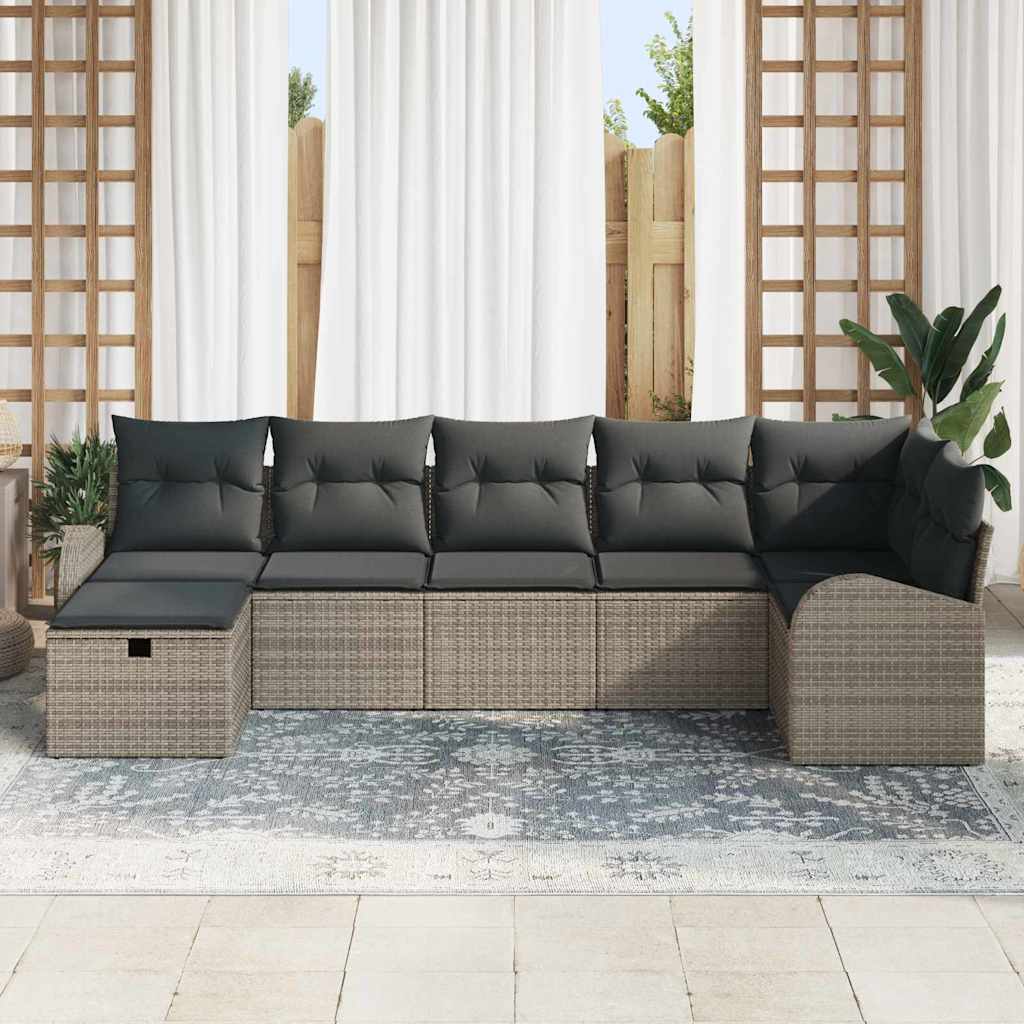 Gartensofa-set mit Kissen mit Speicher 7 pcs Grau Poly-Rattan