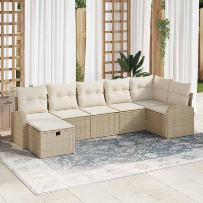 Gartensofa-set mit Kissen mit Speicher 7 pcs Beige Poly-Rattan