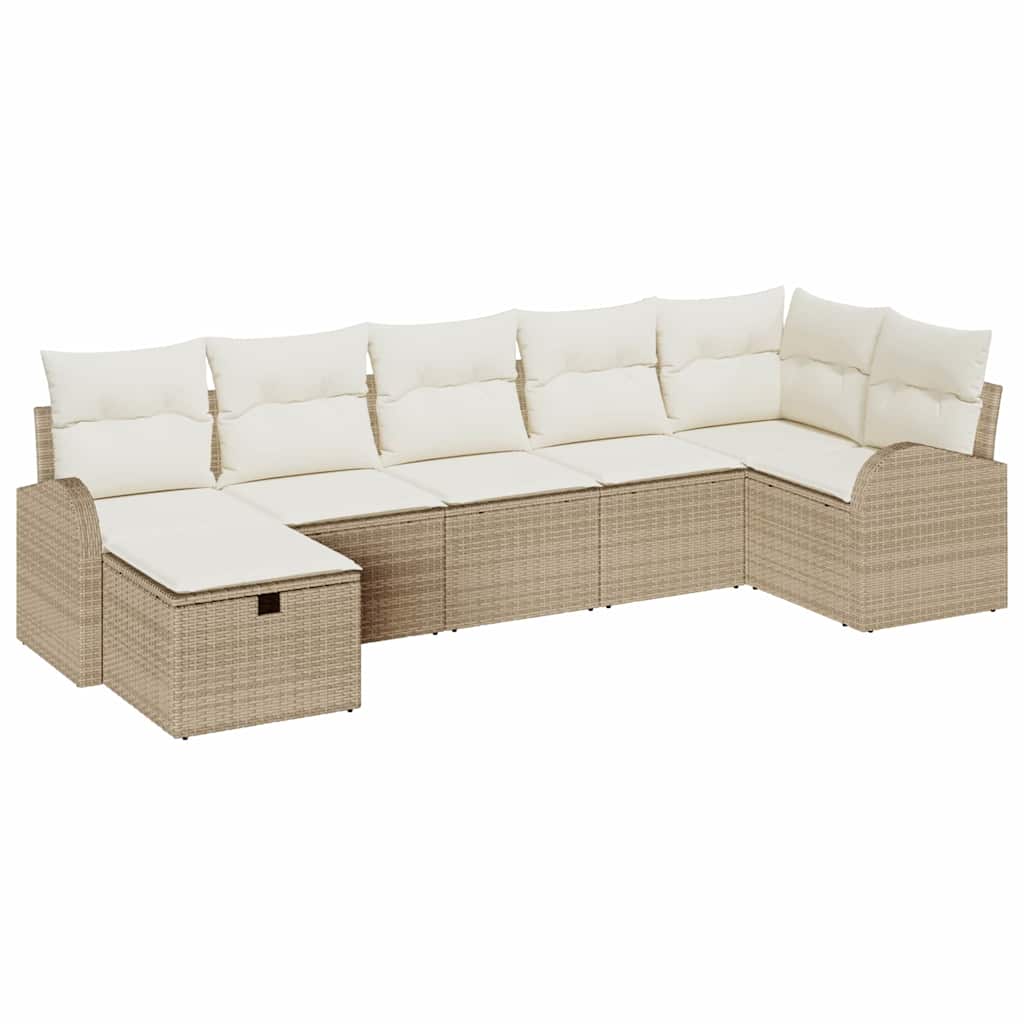 Gartensofa-set mit Kissen mit Speicher 7 pcs Beige Poly-Rattan