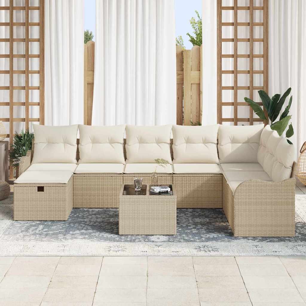 Garten-Sofa-Set mit Kissen mit Speicher 9 pcs Beige Poly Rattan