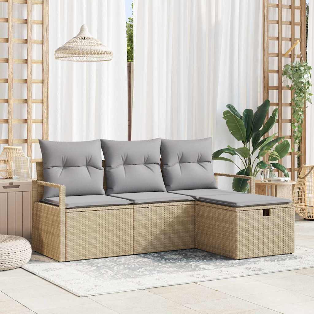 vidaXL Garten-Sofa-Set mit Kissen mit Speicher 4 pcs Beige Poly Rattan