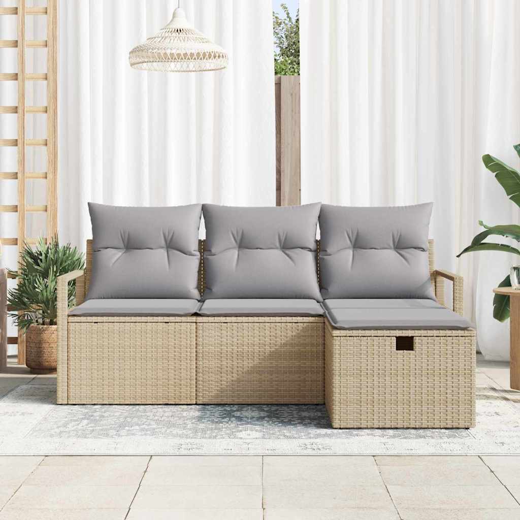 vidaXL Garten-Sofa-Set mit Kissen mit Speicher 4 pcs Beige Poly Rattan