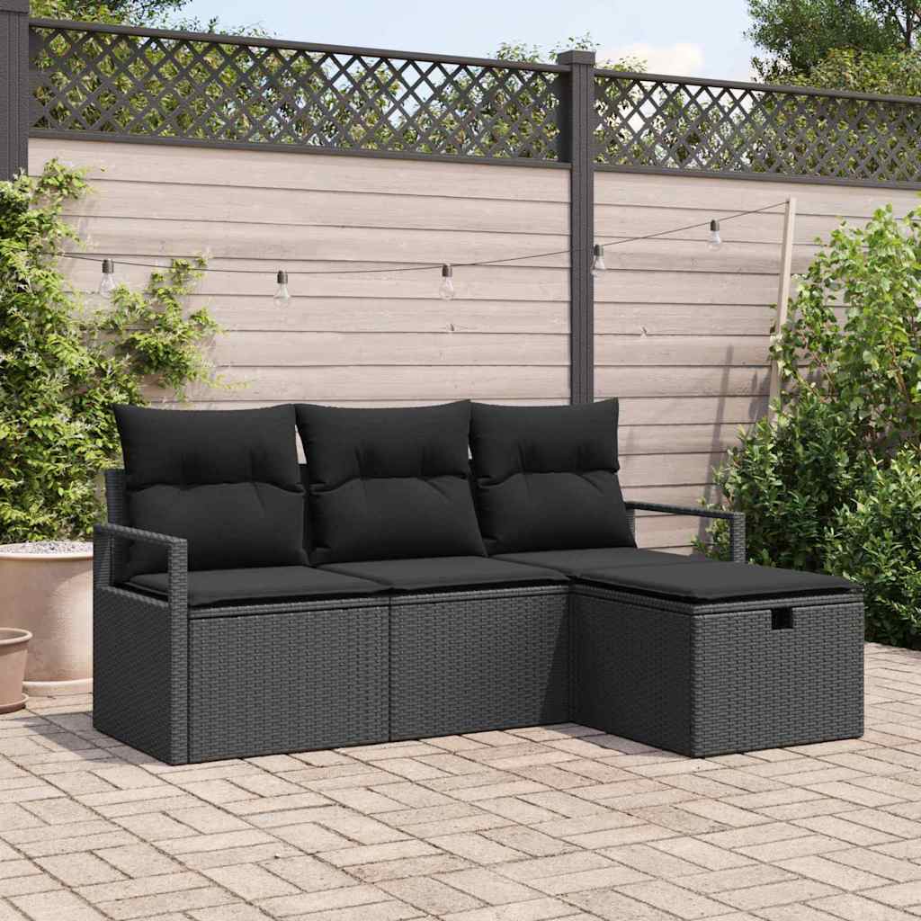 Garten-Sofa-Set mit Kissen 4 pcs Schwarz Poly Rattan