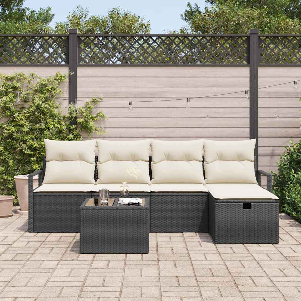 vidaXL Garten-Sofa-Set mit Kissen 6 pcs Schwarz Poly Rattan