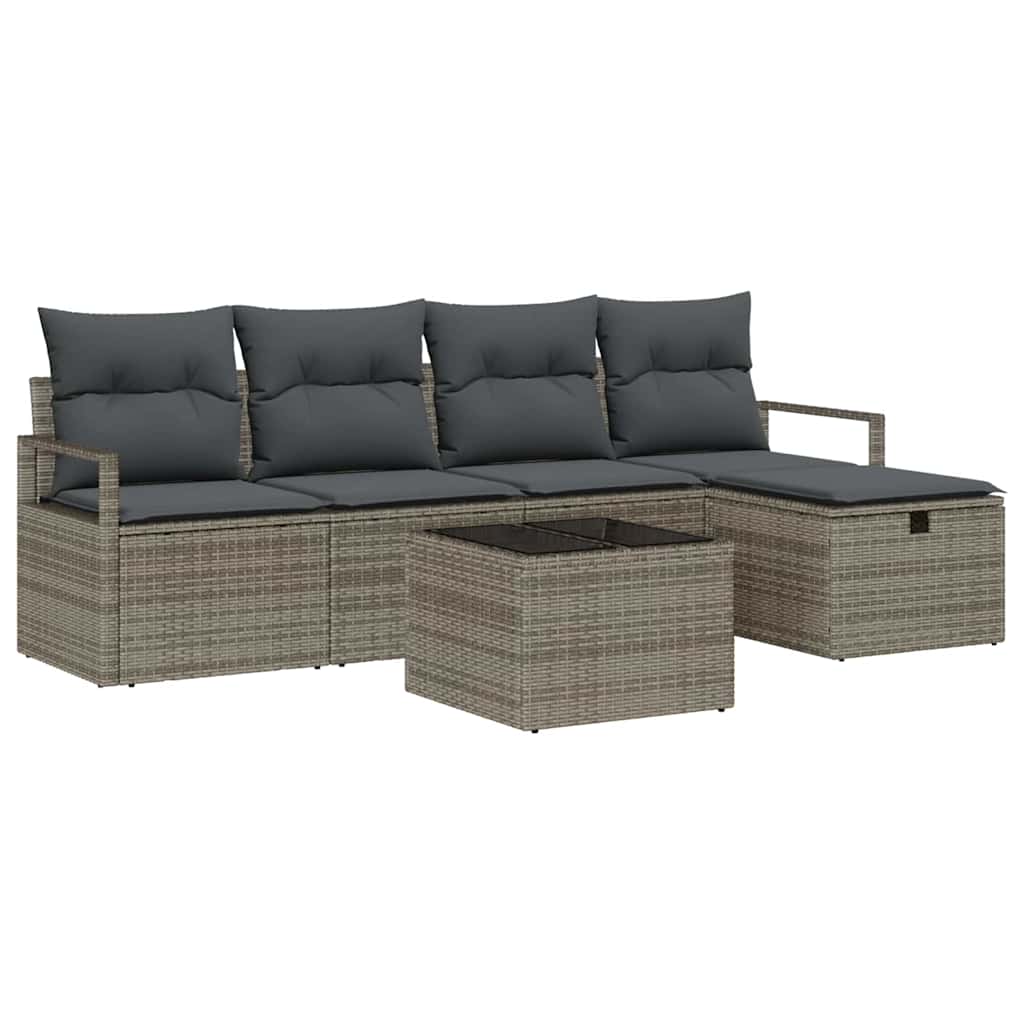 vidaXL Garten-Sofa-Set mit Kissen mit Speicher 6 pcs Grau Poly Rattan