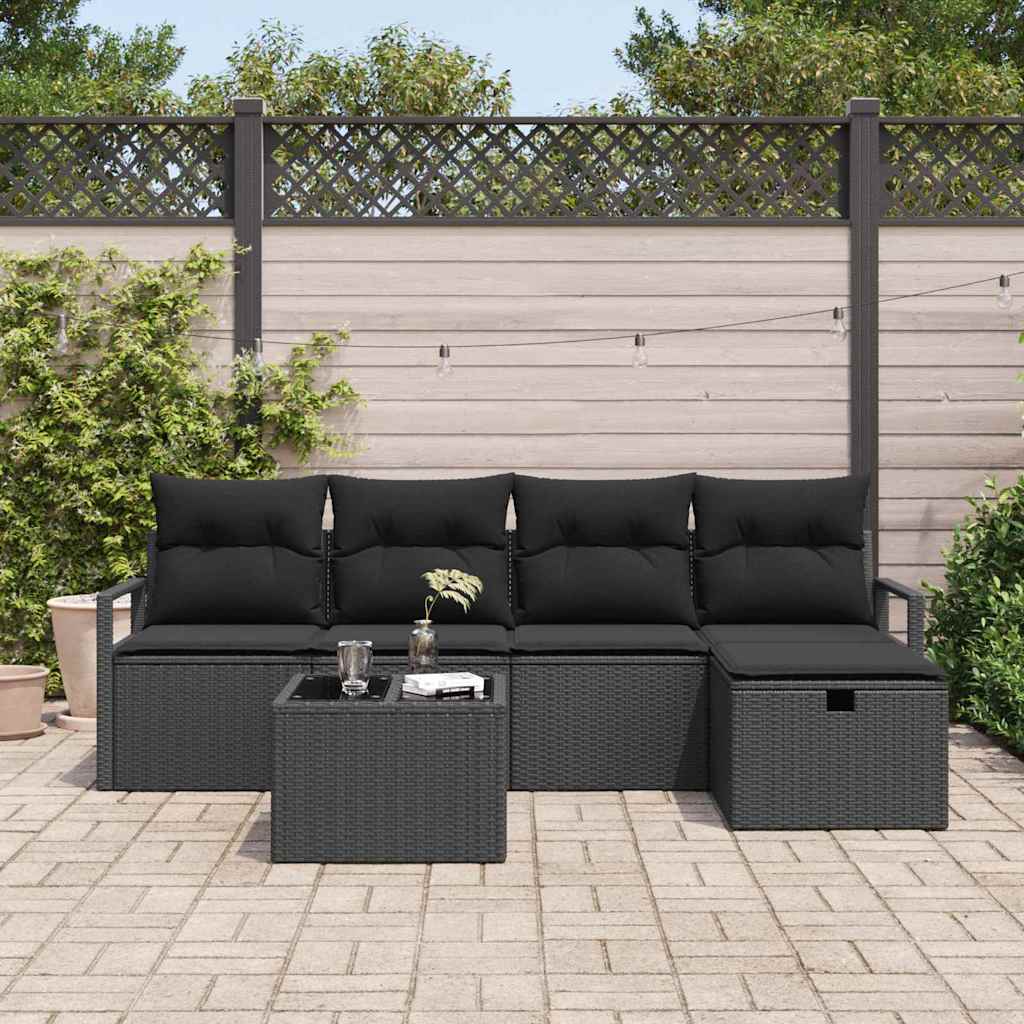 vidaXL Garten-Sofa-Set mit Kissen 6 pcs Schwarz Poly Rattan
