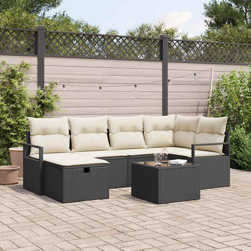 Garten-Sofa-Set mit Kissen 7 pcs Schwarz Poly Rattan