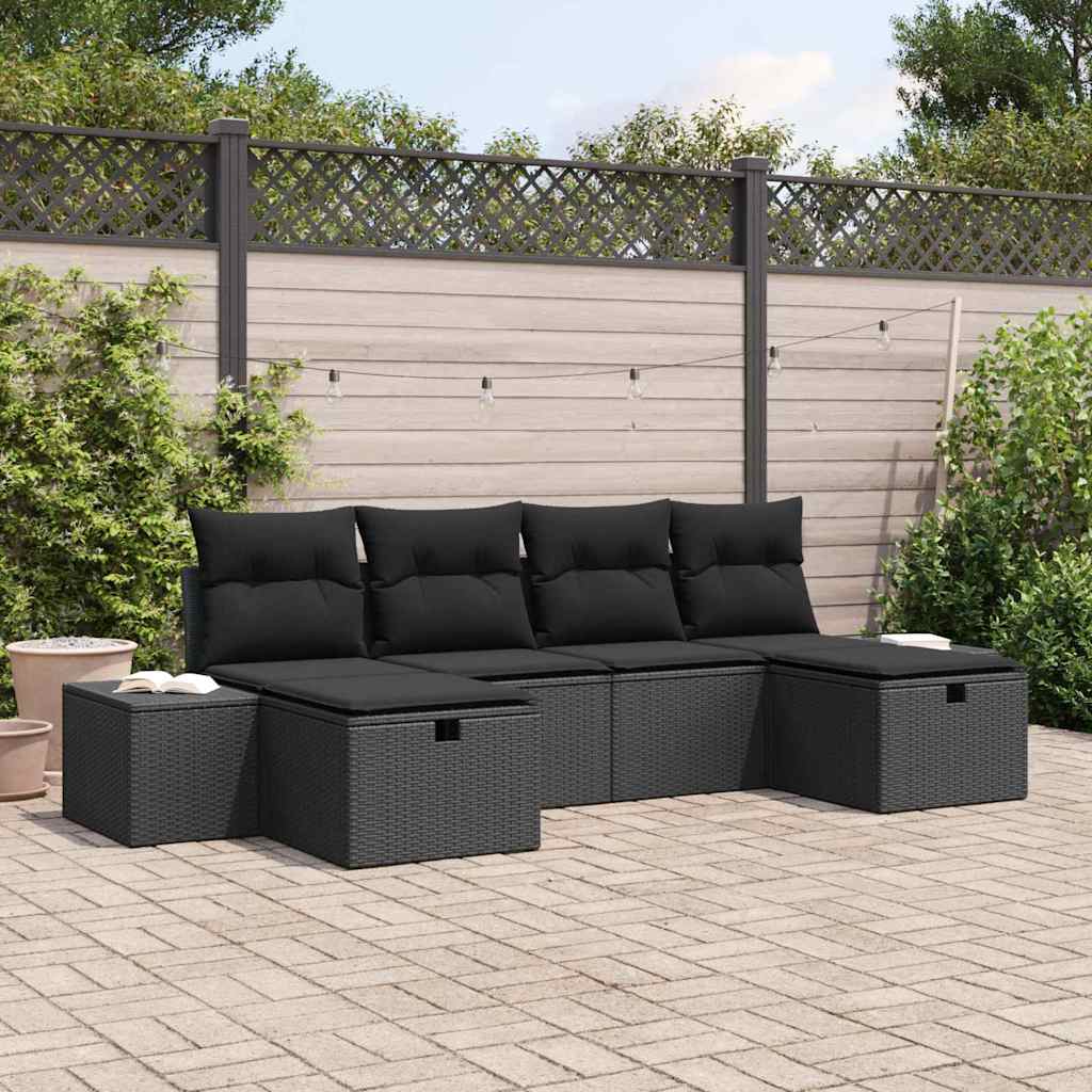 Gartensofa-set mit Kissen 6 pcs Schwarz Poly-Rattan