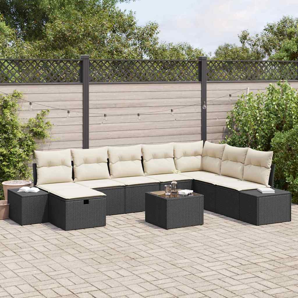 Garten-Sofa-Set mit Kissen 9 pcs Schwarz Poly Rattan