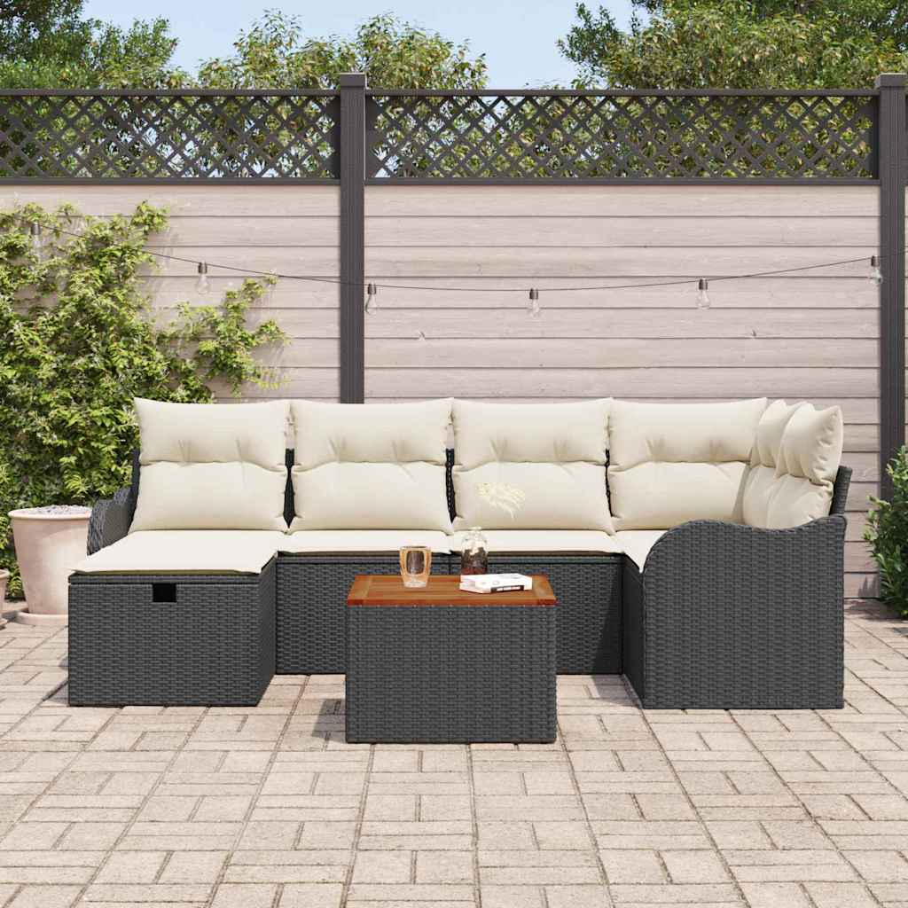 Gartensofa-set mit Kissen 7 pcs Schwarz Poly Rattan