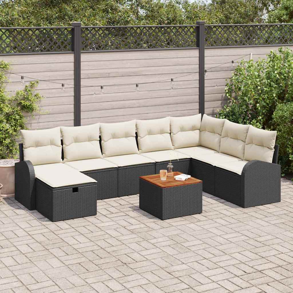 Gartensofa-set mit Kissen 9 pcs Schwarz Poly Rattan