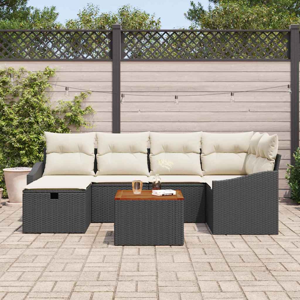 Gartensofa-set mit Kissen 7 pcs Schwarz Poly Rattan