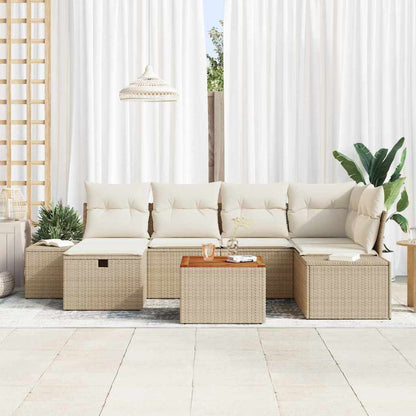 Gartensofa-set mit Kissen mit Speicher 7 pcs Beige Poly Rattan