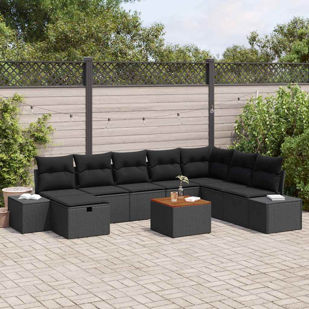 Gartensofa-set mit Kissen 9 pcs Schwarz Poly Rattan