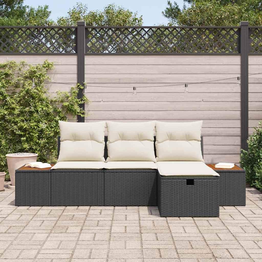 Gartensofa-set mit Kissen 4 pcs Schwarz Poly-Rattan