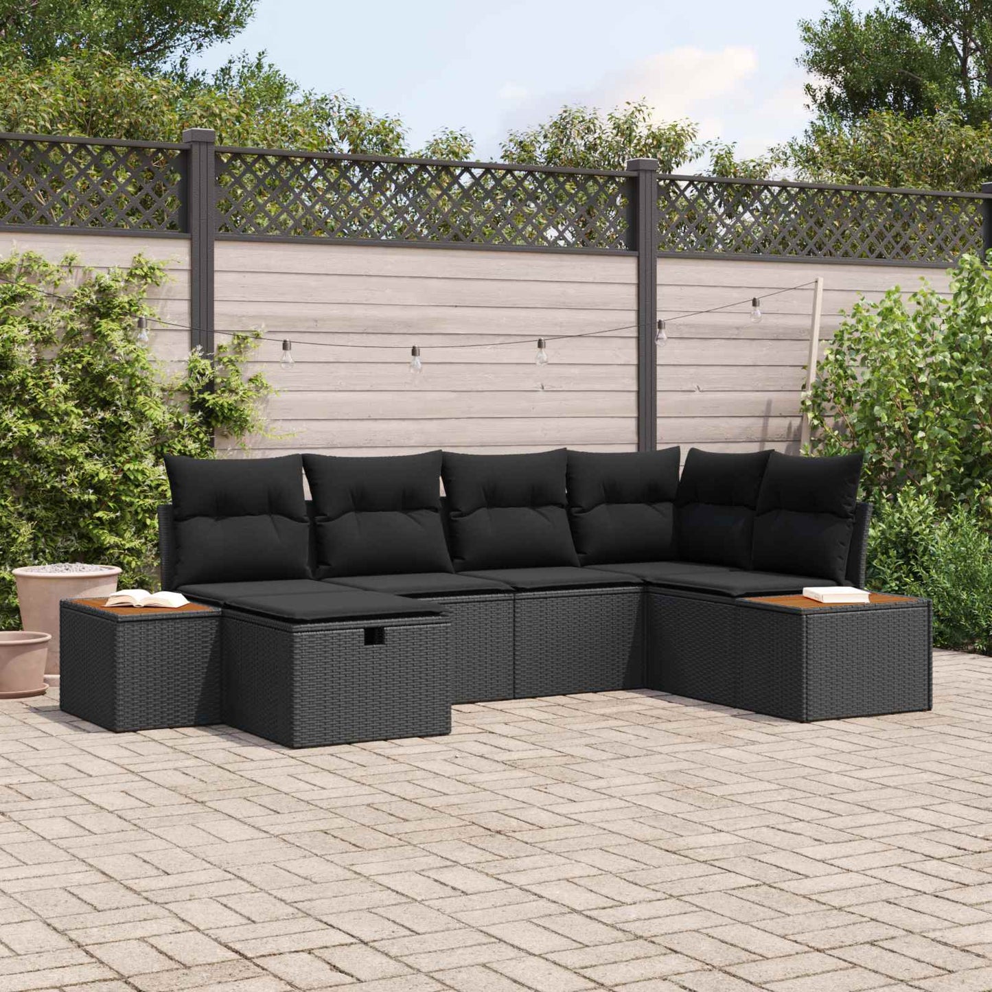 Gartensofa-set mit Kissen mit Speicher Schwarz Poly-Rattan