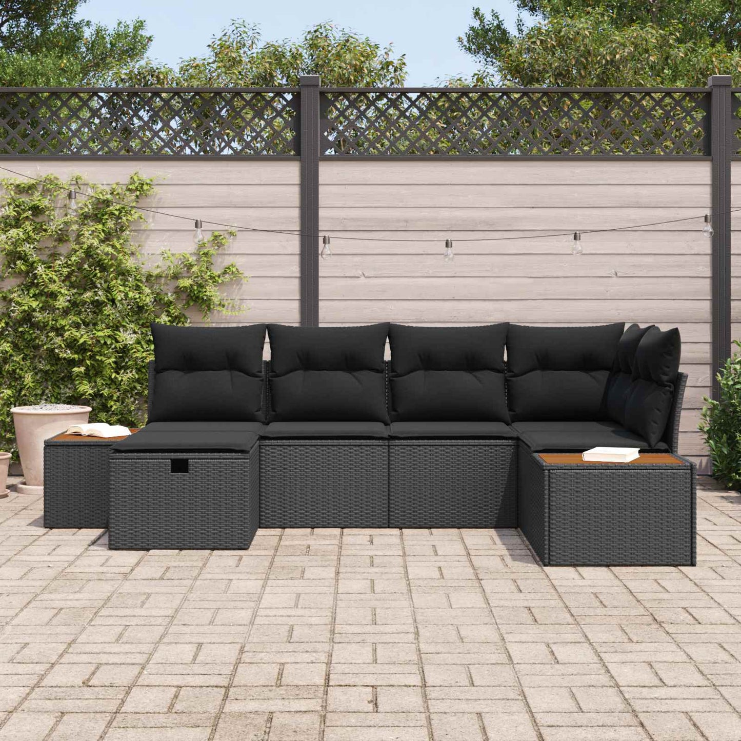 Gartensofa-set mit Kissen mit Speicher Schwarz Poly-Rattan