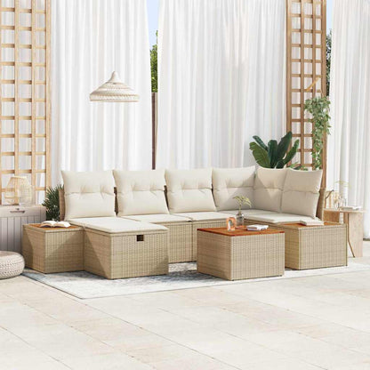 Gartensofa-set mit Kissen mit Speicher 7 pcs Beige Poly-Rattan