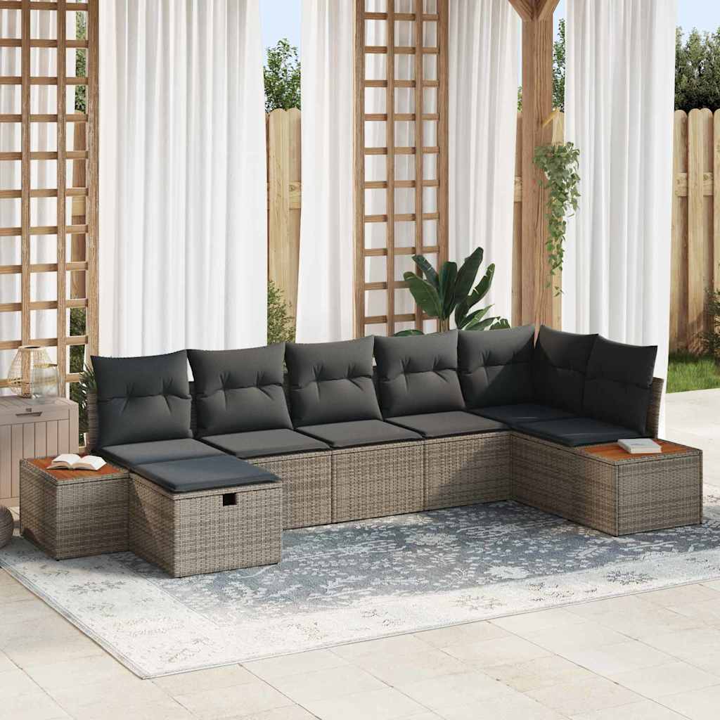 vidaXL Garten-Sofa-Set mit Kissen 7 pcs Grau Poly Rattan