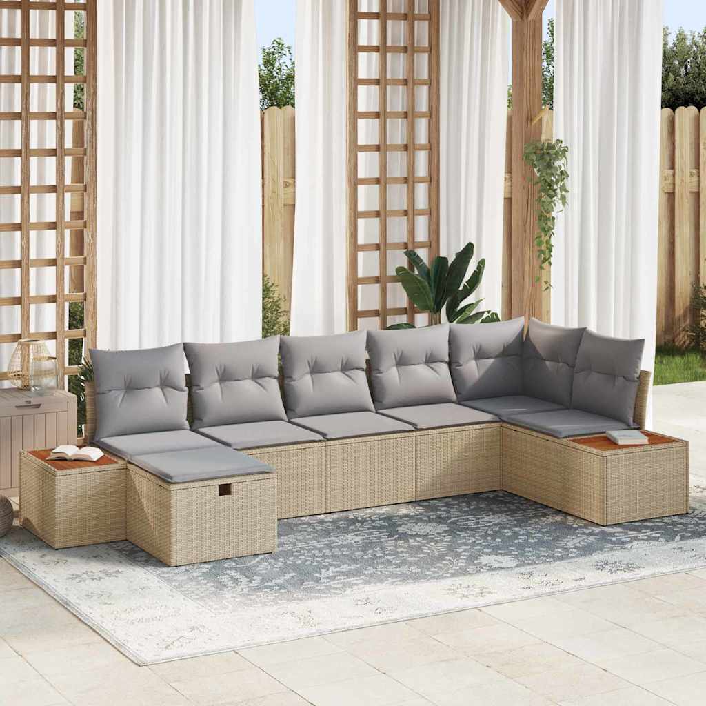Garten-Sofa-Set mit Kissen 7 pcs Beige Poly Rattan