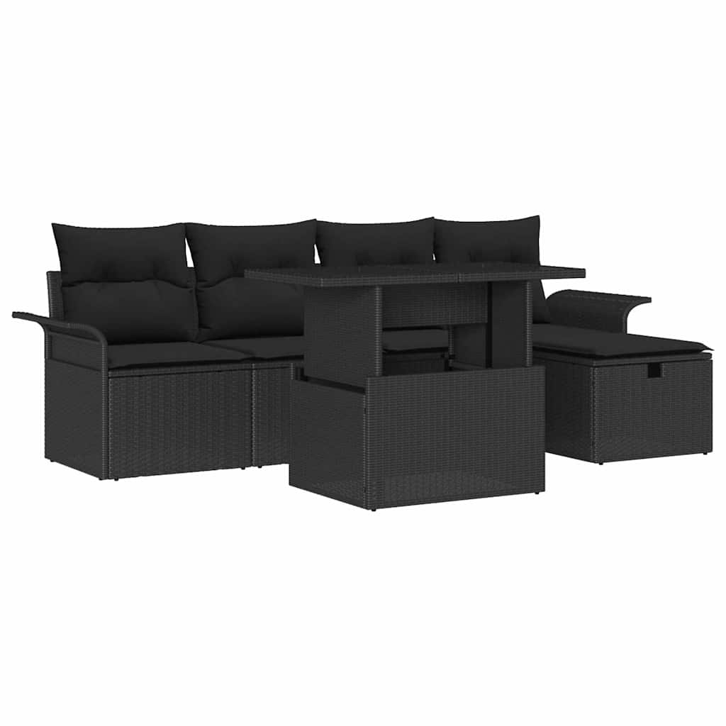 Garten-Sofa-Set mit Kissen 6 pcs Schwarz Poly Rattan