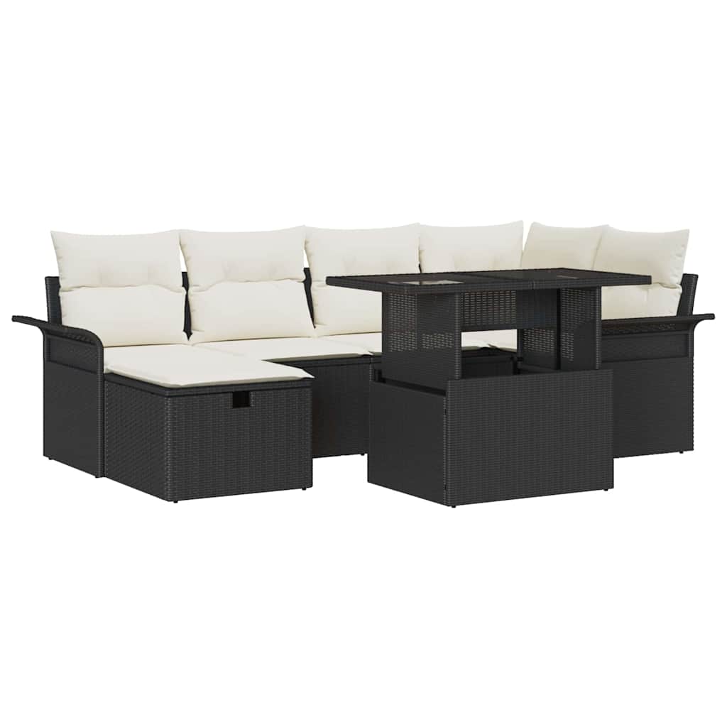 Garten-Sofa-Set mit Kissen 7 pcs Schwarz Poly Rattan