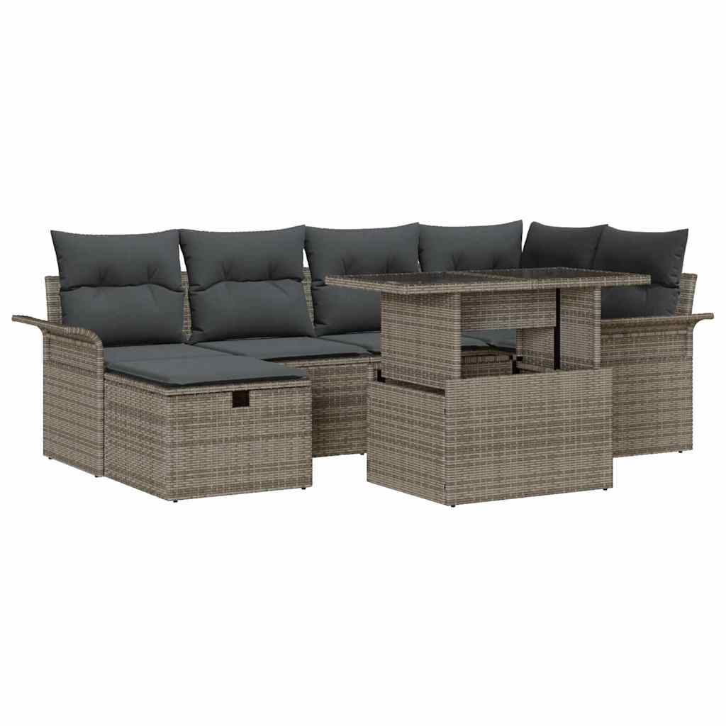 Garten-Sofa-Set mit Kissen mit Speicher 7 pcs Grau Poly Rattan