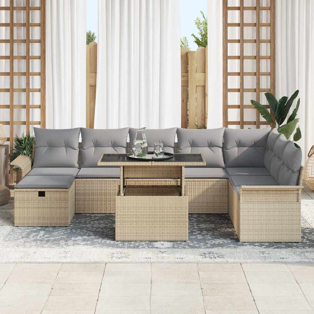 Garten-Sofa-Set mit Kissen mit Speicher 9 pcs Beige Poly Rattan