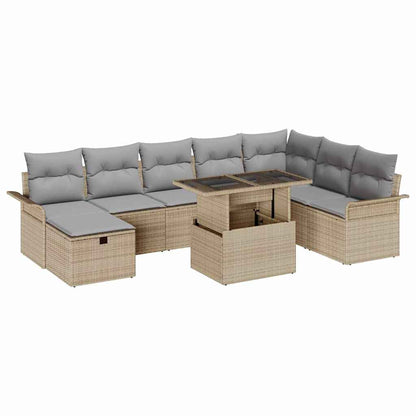 Garten-Sofa-Set mit Kissen mit Speicher 9 pcs Beige Poly Rattan