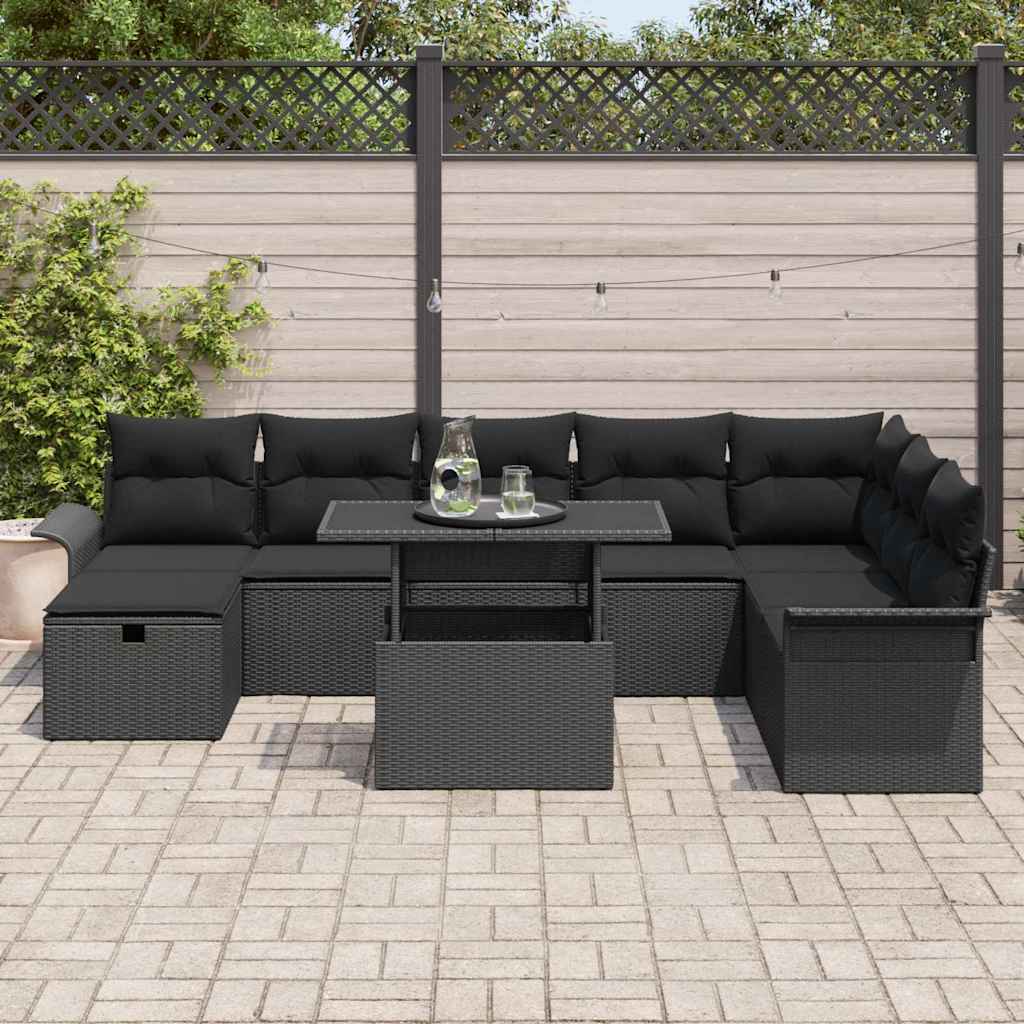 Garten-Sofa-Set mit Kissen 9 pcs Schwarz Poly Rattan